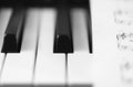 Classic piano and musical sheet . Black and white photo