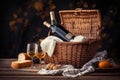 classic picnic basket with a bottle of wine and glasses on checkered cloth