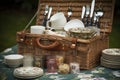 classic picnic basket with vintage china plates and silver utensils