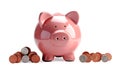 Classic Pink Money Box Pig with coins near it, isolated on white background, accumulation of money concept, realistic design Royalty Free Stock Photo