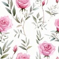 Classic Pink Roses with Green Leaves, Ideal for Romantic Occasions and Textile Design. Floral seamless pattern. Royalty Free Stock Photo