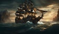 Classic pirate ship sailing at sea with dark clouds