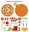 Classic pizza Margherita and all ingredients for cooking it. Make your pizza. Set of products and tools for pizza making