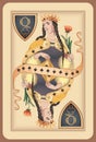 Classic playing card queen club. Vector illustrations