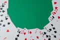 Classic playing cards on green background. Gambling and casino concept. Royalty Free Stock Photo