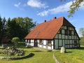 Classic Polish countryside retro house, chequered timber walls