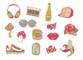 classic pop element 80s 90s. Sticker pack, fashion patch, badge, emblem. headphones, bottle of water, cap, sneakers