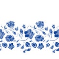 Classic porcelain blue floral border. Royal hand drawn elegant baroque floral design.