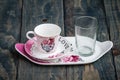 Classic Porcelain Turkish Coffee Cup with Tray and Glass Royalty Free Stock Photo