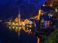 Classic Postcard Night View Of Hallstatt Alpine Village On Hallstatt Lake