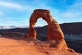 Classic postcard view of famous Delicate Arch, symbol of Utah and a popular scenic tourist attraction, in beautiful golden evening Royalty Free Stock Photo