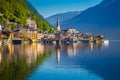 Classic view of Hallstatt at sunrise, Salzkammergut, Austria