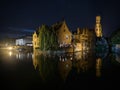 Classic postcard view illuminated historical medieval buildings Rozenhoedkaai Dijver canal belfry belfort Bruges Belgium Royalty Free Stock Photo