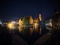 Classic postcard view illuminated historical medieval buildings Rozenhoedkaai Dijver canal belfry belfort Bruges Belgium Royalty Free Stock Photo