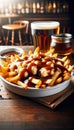 Classic Poutine Dish with Beer in the Background, AI Generated