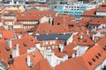 Classic Prague - aerial view to old roof buildings and street , Czech Republic