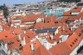 Classic Prague - aerial view to old roof buildings and street , Czech Republic