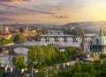 Classic Prague cityscape with bridges over Vltava river at sunset, Czech Republic Royalty Free Stock Photo