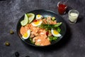 Classic Prawn Cocktail with boiled egg, dip and tomato sauce served in dish isolated on grey background top view of indian and Royalty Free Stock Photo