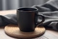 Classic presentation, black coffee mug mockup on linen napkin Empty cup Royalty Free Stock Photo