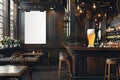 Classic Pub Interior with Pint of Beer on Wooden Bar and Blank Frame Royalty Free Stock Photo