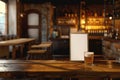 Classic Pub Interior with Pint of Beer on Wooden Bar and Blank Frame Royalty Free Stock Photo