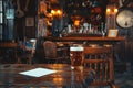 Classic Pub Interior with Pint of Beer on Wooden Bar and Blank Frame Royalty Free Stock Photo