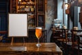Classic Pub Interior with Pint of Beer on Wooden Bar and Blank Frame Royalty Free Stock Photo