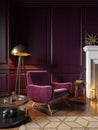 Classic purple interior with armchair, fireplace, candle, coffee table, floor lamp, carpet. Royalty Free Stock Photo