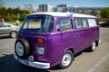 Riga, Latvia May 4 2021: Classic purple and white VW camper