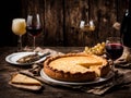 A classic quiche Lorraine pie with potatoes meat and cheese on a wooden table