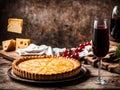 A classic quiche Lorraine pie with potatoes meat and cheese on a wooden table
