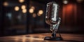 Classic radio station microphone on a stand for live broadcasts and recording studios. Generative AI Royalty Free Stock Photo