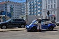 Classic rare American muscle car, Ford Shelby Cobra 427 vintage blue convertible.