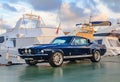 Classic rare American muscle car, vintage blue Ford Mustang Shelby Cobra GT-500 Fastback on a pier in Palma de Mallorca in Royalty Free Stock Photo
