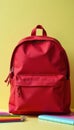 Classic red backpack, colorful pencils, notebooks, texture, learning Royalty Free Stock Photo