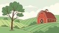 Classic Red Barn in Expansive Green Fields, Rural Charm, vector design Generative AI Royalty Free Stock Photo