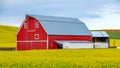 Classic red barn in a yellow field of blooming Canola Royalty Free Stock Photo