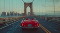 Classic red car cruising across a bridge on the road, AI-generated. Royalty Free Stock Photo