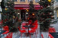 Classic red furnishing and decor outside at Christmas