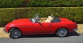 Classic Red MG Open Top Sports Car Parked by hedge.