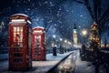 A classic red telephone booth graces a snowy winter street, adding a touch of charm to the scene Royalty Free Stock Photo