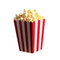 Classic Red and White Striped Popcorn Box Filled with Fresh Popcorn on White Background Royalty Free Stock Photo