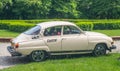 Classic vintage white Saab 96 two stroke motor parked