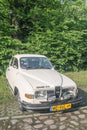 Classic vintage white Saab 96 two stroke motor parked Royalty Free Stock Photo