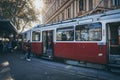 Classic red and white tram in Vienna city center