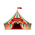 Classic red yellow travel circus tent on wite background with decorative signboard - welcome, isolated  illustration Royalty Free Stock Photo