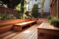 classic redwood patio with built-in bench and potted plants
