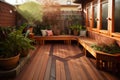 classic redwood patio with built-in bench and potted plants