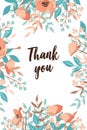 Classic and Refind Thank you card with flower frame background, hand drawn floral elements label. Vector design template, isolated